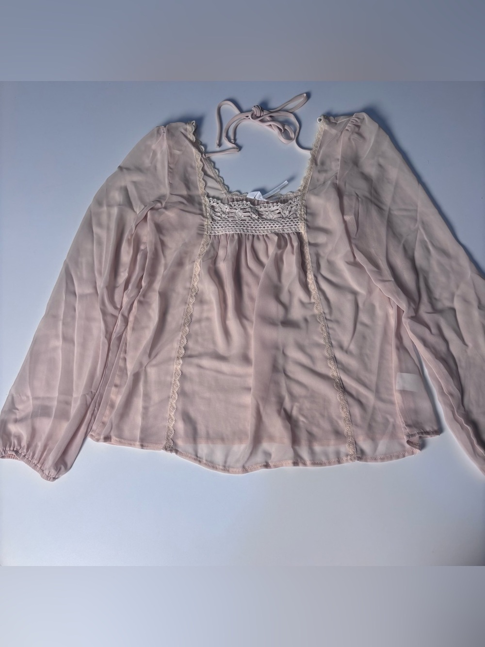 Kirra Boho Sheer Pale Pink Lace-Panel Women's Blouse